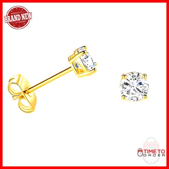14k Gold CZ Stud Earrings 4mm Round Solitaire Butterfly Backings